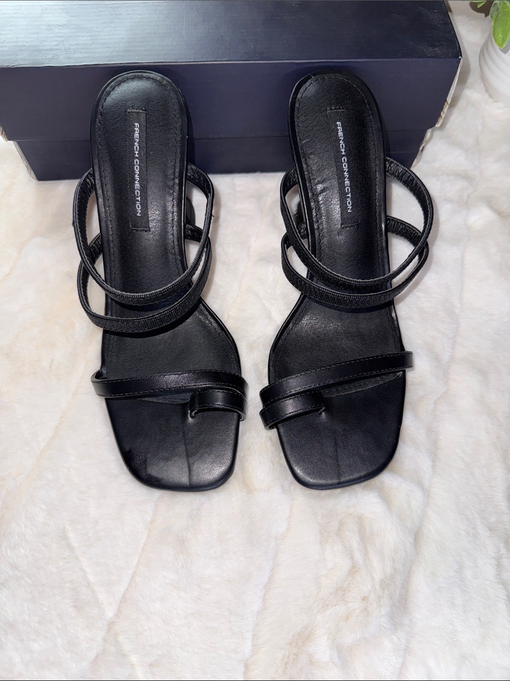 NWT - French Connection Black Strappy Square-Toe Slide Heels - Size 8.5